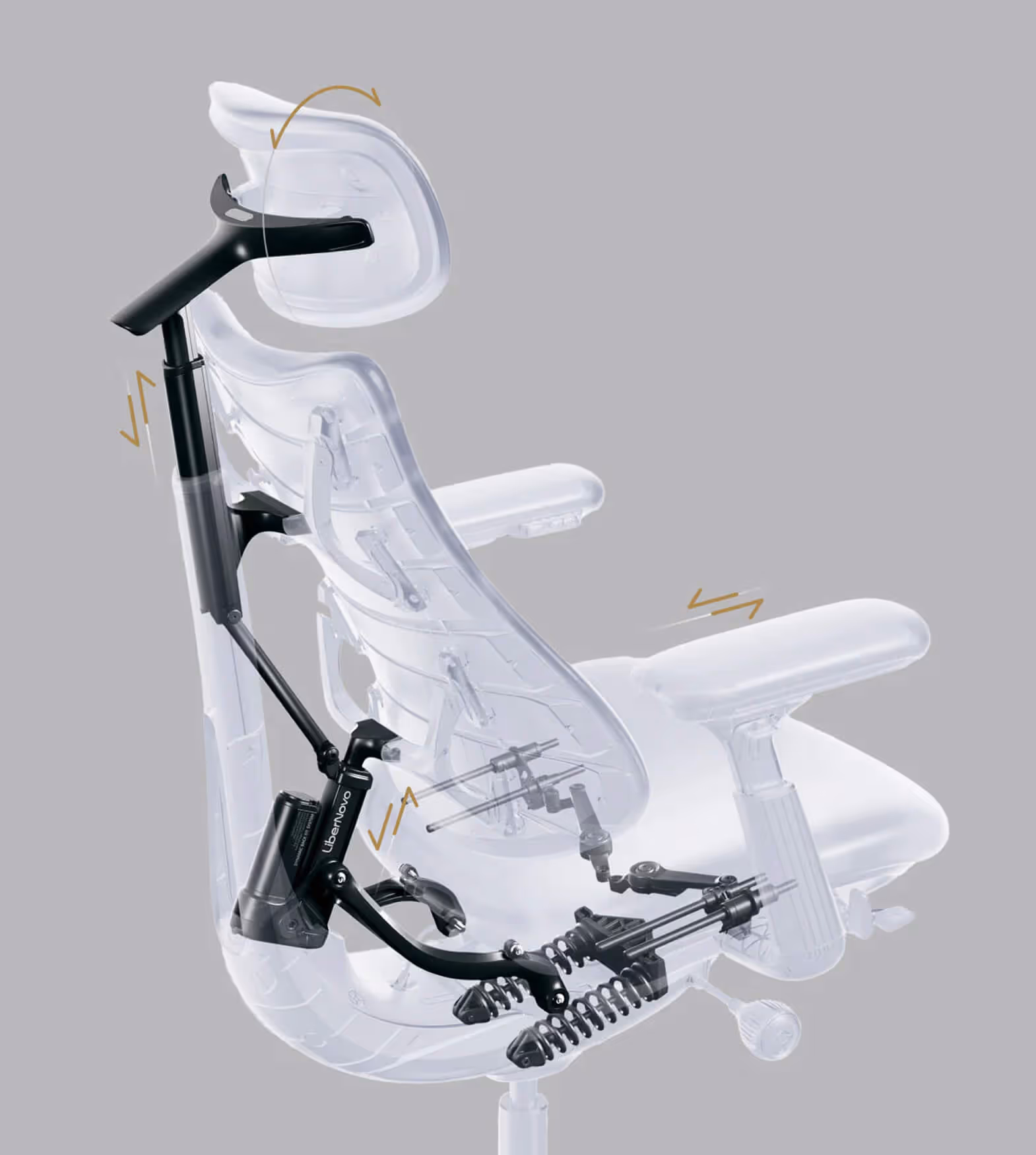 Transparent office chair showing black ergonomic adjustment mechanism for headrest, back, and seat.